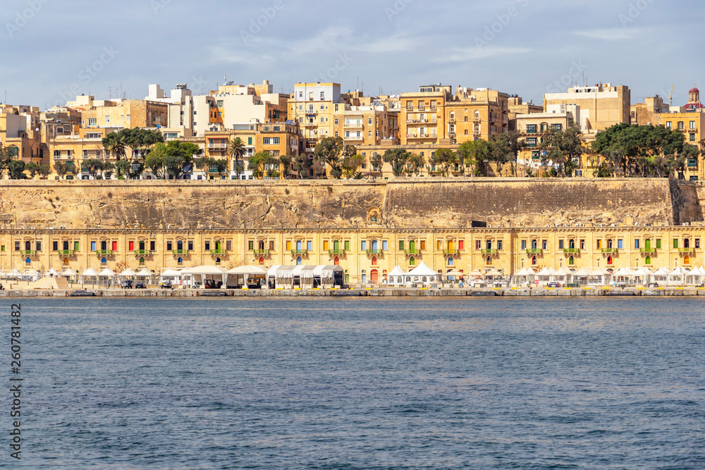 Beautiful colorful Valletta waterfront architecture, at Valletta, Malta, urban skyline