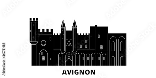 France, Avignon Landmark flat travel skyline set. France, Avignon Landmark black city vector panorama, illustration, travel sights, landmarks, streets.