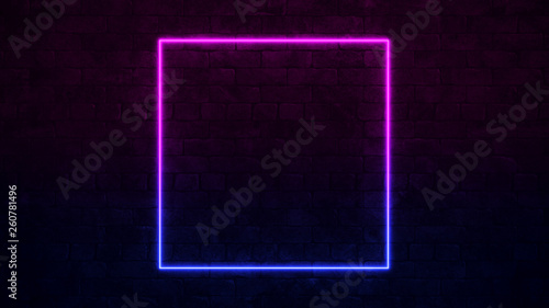 Shining Square Neon Sign. Purple and Blue Neon frame. dark brick wall. 3d illustration