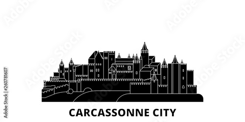 France, Carcassonne City flat travel skyline set. France, Carcassonne City black city vector panorama, illustration, travel sights, landmarks, streets.