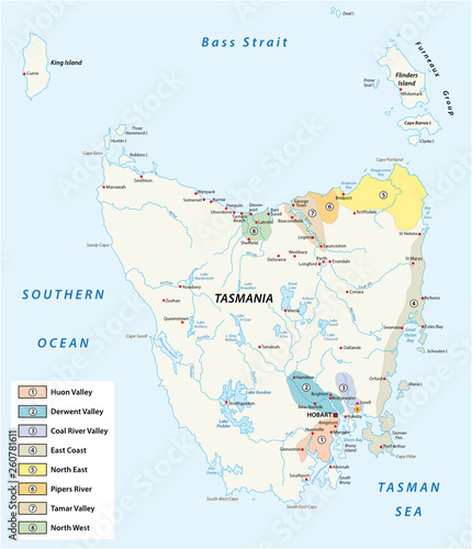 tasmania wine regions and wineyards vector map