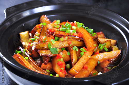 frying pan with chicken meat and vegetables