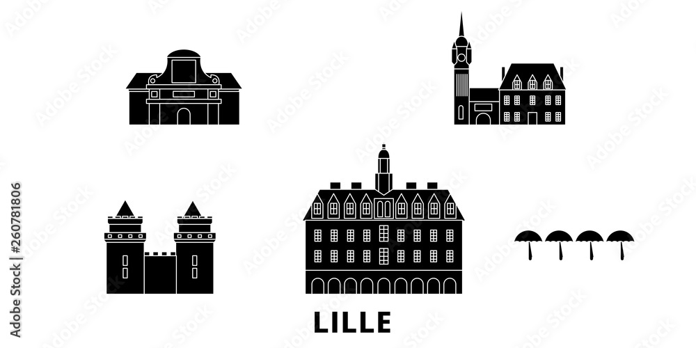 France, Lille flat travel skyline set. France, Lille black city vector panorama, illustration, travel sights, landmarks, streets.