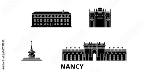 France, Nancy flat travel skyline set. France, Nancy black city vector panorama, illustration, travel sights, landmarks, streets.