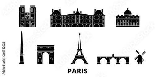 France, Paris flat travel skyline set. France, Paris black city vector panorama, illustration, travel sights, landmarks, streets.