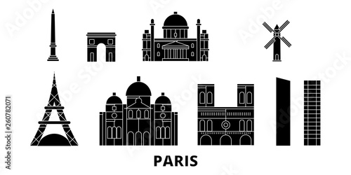 France, Paris City flat travel skyline set. France, Paris City black city vector panorama, illustration, travel sights, landmarks, streets.