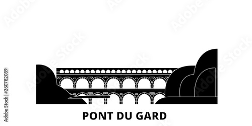 France, Pont Du Gard  flat travel skyline set. France, Pont Du Gard  black city vector panorama, illustration, travel sights, landmarks, streets.