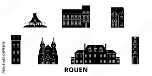 France, Rouen flat travel skyline set. France, Rouen black city vector panorama, illustration, travel sights, landmarks, streets.