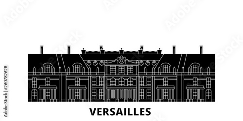 France, Versailles  flat travel skyline set. France, Versailles  black city vector panorama, illustration, travel sights, landmarks, streets.