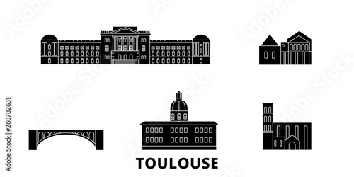 France, Toulouse flat travel skyline set. France, Toulouse black city vector panorama, illustration, travel sights, landmarks, streets.