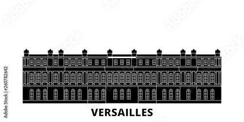 France, Versailles Landmark flat travel skyline set. France, Versailles Landmark black city vector panorama, illustration, travel sights, landmarks, streets.