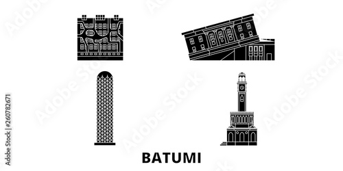 Georgia, Batumi flat travel skyline set. Georgia, Batumi black city vector panorama, illustration, travel sights, landmarks, streets.