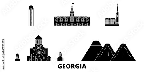 Georgia flat travel skyline set. Georgia black city vector panorama, illustration, travel sights, landmarks, streets.