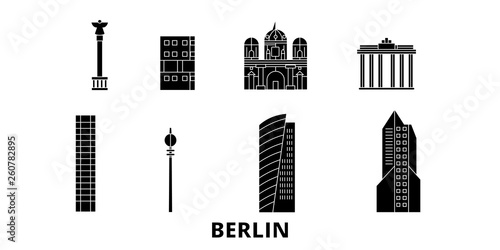 Germany, Berlin City flat travel skyline set. Germany, Berlin City black city vector panorama, illustration, travel sights, landmarks, streets.