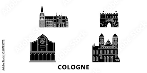 Germany, Cologne flat travel skyline set. Germany, Cologne black city vector panorama, illustration, travel sights, landmarks, streets.