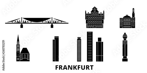 Germany, Frankfurt flat travel skyline set. Germany, Frankfurt black city vector panorama, illustration, travel sights, landmarks, streets.