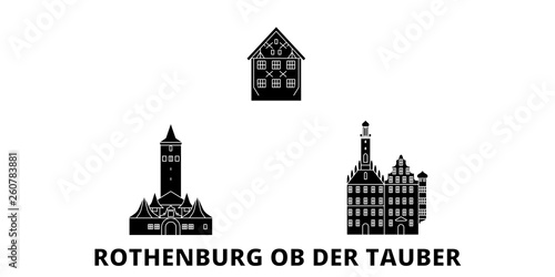 Germany, Rothenburg Ob Der Tauber flat travel skyline set. Germany, Rothenburg Ob Der Tauber black city vector panorama, illustration, travel sights, landmarks, streets.