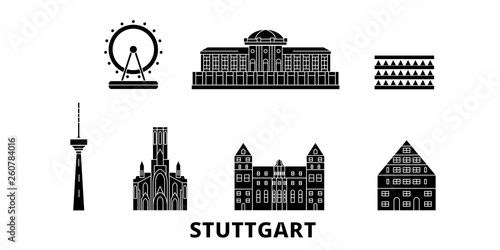 Germany, Stuttgart flat travel skyline set. Germany, Stuttgart black city vector panorama, illustration, travel sights, landmarks, streets.