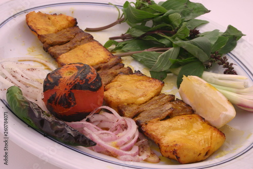 Mixed Lamb and Chicken Kebab Skewer - Grilled Meat with Tomatoes, Onions and Lemon - Middle Eastern BBQ Street Food