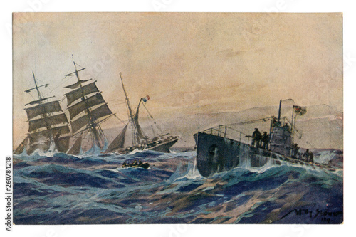Quadro su tela German historical postcard: French bark sunk by a German submarine