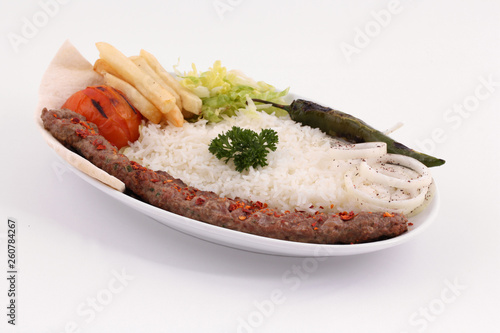 Arabic Mixed Grill Plate - Lamb Kebab with Fragrant Rice, Grilled Tomatoes, Fries and Vegetables - Middle Eastern Comfort Food