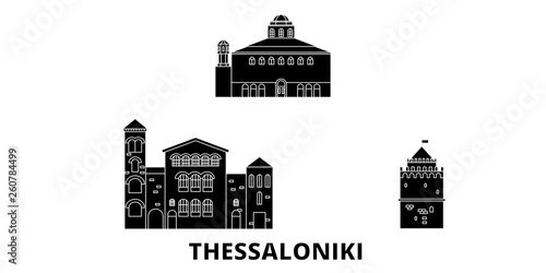 Greece, Thessaloniki flat travel skyline set. Greece, Thessaloniki black city vector panorama, illustration, travel sights, landmarks, streets.