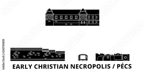 Hungary, Pecs, Early Christian Necropolis  flat travel skyline set. Hungary, Pecs, Early Christian Necropolis  black city vector panorama, illustration, travel sights, landmarks, streets.