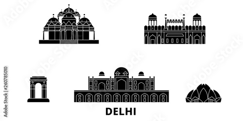 India, Delhi flat travel skyline set. India, Delhi black city vector panorama, illustration, travel sights, landmarks, streets.