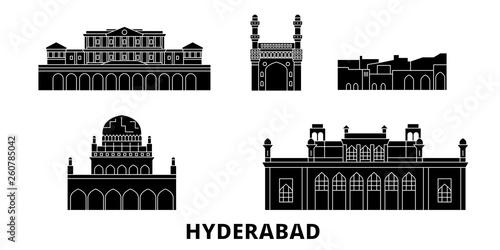 India, Hyderabad flat travel skyline set. India, Hyderabad black city vector panorama, illustration, travel sights, landmarks, streets.