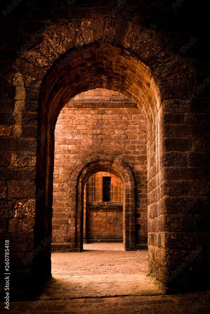 Obraz premium old door of church, building, monuments, old door, basilica of bom jesus, Goa images, Goa church, Ancient building ,bricks door, corridor, bricks