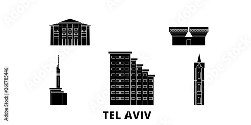 Israel, Tel Aviv flat travel skyline set. Israel, Tel Aviv black city vector panorama, illustration, travel sights, landmarks, streets.