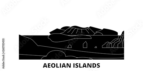 Italy, Aeolian Islands flat travel skyline set. Italy, Aeolian Islands black city vector panorama, illustration, travel sights, landmarks, streets.