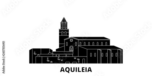 Italy, Aquileia  flat travel skyline set. Italy, Aquileia  black city vector panorama, illustration, travel sights, landmarks, streets.