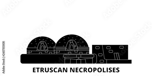 Italy, Cerveteri, Etruscan Necropolises flat travel skyline set. Italy, Cerveteri, Etruscan Necropolises black city vector panorama, illustration, travel sights, landmarks, streets.