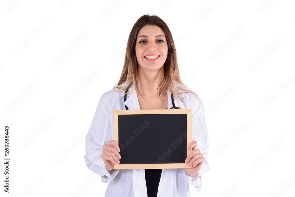 Female doctor with stethoscope and blackboard. Female doctor with stethoscope and blackboard.