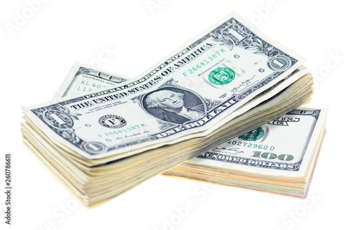 Bundles of banknotes of american dollars isolated on white background.