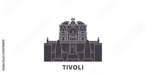 Italy, Tivoli, Villa D'este flat travel skyline set. Italy, Tivoli, Villa D'este black city vector panorama, illustration, travel sights, landmarks, streets.