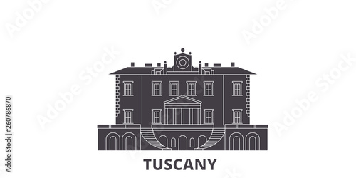 Italy, Tuscany, Medici Villas And Gardens flat travel skyline set. Italy, Tuscany, Medici Villas And Gardens black city vector panorama, illustration, travel sights, landmarks, streets.