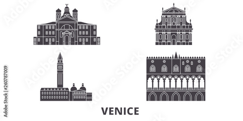 Italy, Venice Landmark flat travel skyline set. Italy, Venice Landmark black city vector panorama, illustration, travel sights, landmarks, streets.