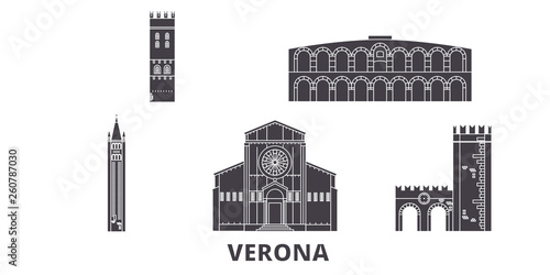 Italy, Verona flat travel skyline set. Italy, Verona black city vector panorama, illustration, travel sights, landmarks, streets.