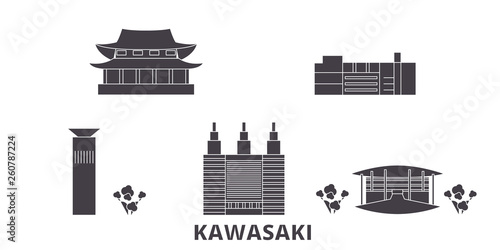 Japan, Kawasaki flat travel skyline set. Japan, Kawasaki black city vector panorama, illustration, travel sights, landmarks, streets.