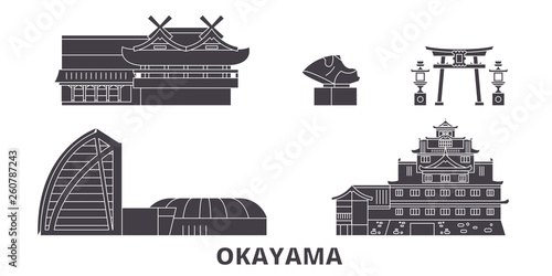 Japan, Okayama flat travel skyline set. Japan, Okayama black city vector panorama, illustration, travel sights, landmarks, streets.