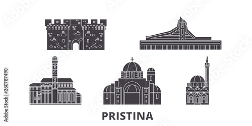 Kosovo, Pristina flat travel skyline set. Kosovo, Pristina black city vector panorama, illustration, travel sights, landmarks, streets.