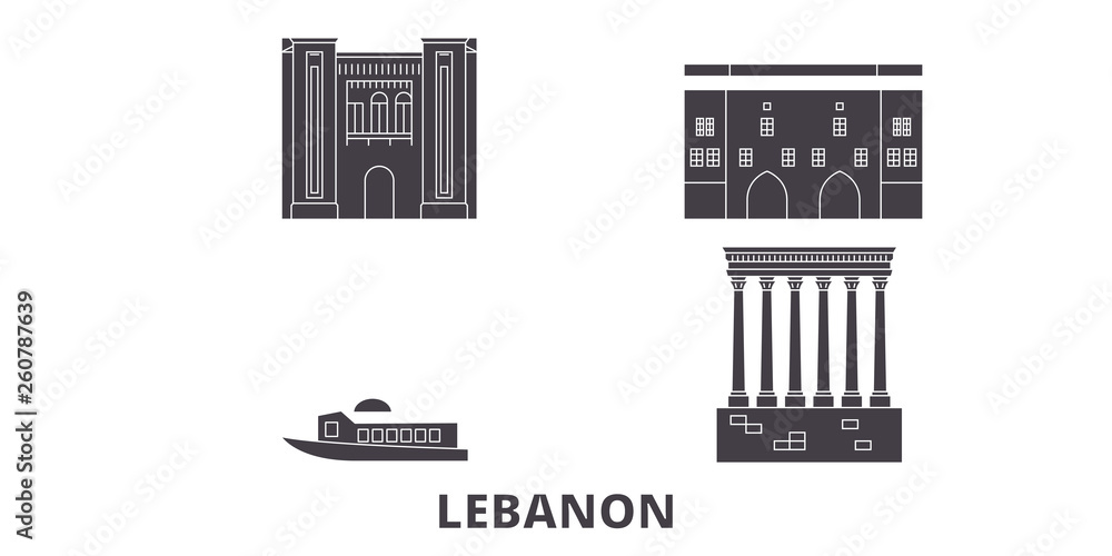 Obraz premium Lebanon flat travel skyline set. Lebanon black city vector panorama, illustration, travel sights, landmarks, streets.