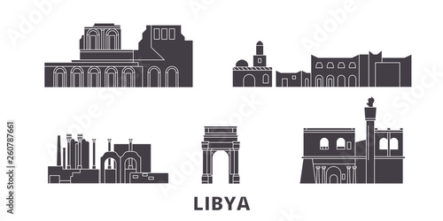 Libya flat travel skyline set. Libya black city vector panorama, illustration, travel sights, landmarks, streets.