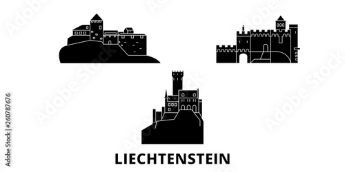 Liechtenstein flat travel skyline set. Liechtenstein black city vector panorama, illustration, travel sights, landmarks, streets.