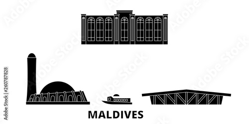 Maldives flat travel skyline set. Maldives black city vector panorama, illustration, travel sights, landmarks, streets.