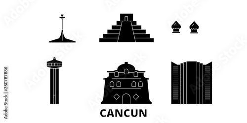 Mexico, Cancun flat travel skyline set. Mexico, Cancun black city vector panorama, illustration, travel sights, landmarks, streets.