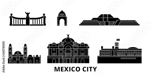 Mexico, Mexico flat travel skyline set. Mexico, Mexico black city vector panorama, illustration, travel sights, landmarks, streets.