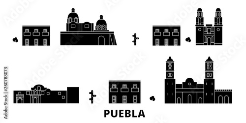 Mexico, Puebla flat travel skyline set. Mexico, Puebla black city vector panorama, illustration, travel sights, landmarks, streets.